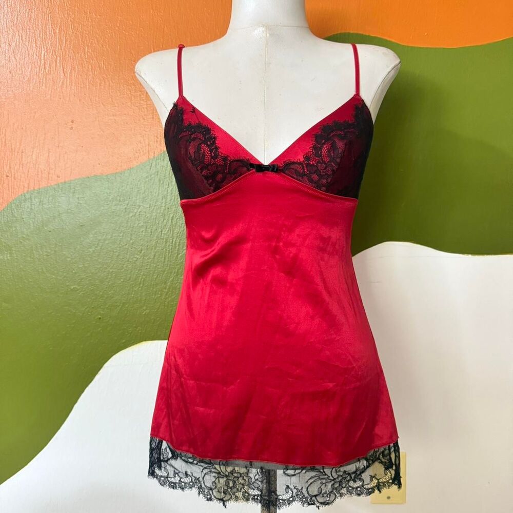 Vtg Victoria’s Secret Red Satin Black Lace Slip Dress Babydoll Coquette Goth S